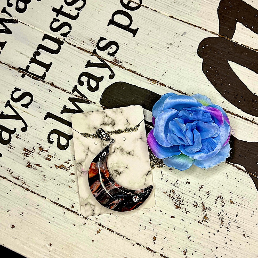 Crescent shaped, handmade, polymer, clay, necklace